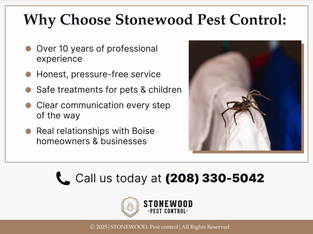 Spider crawling on shirt hanging in closet- Five reasons to choose Stonewood Pest Control- Boise.