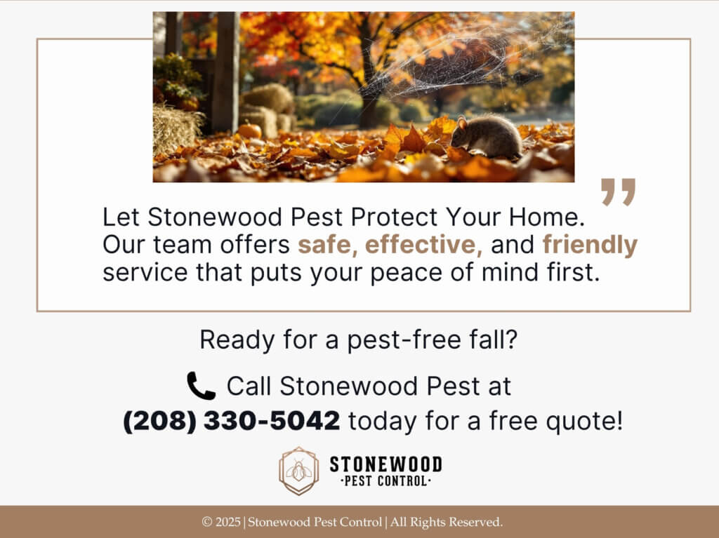 Fall scene in yard with spider web, a mouse and fallen leaves on the ground. Stonewood Pest Control phone number. 