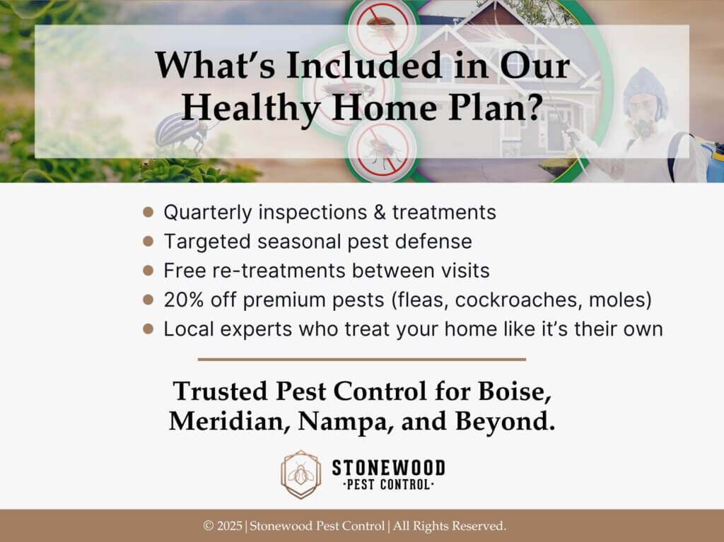 Five benefits of Stonewood Healthy Home Plan with symbols of pests crossed out next to a professional pest control worker.