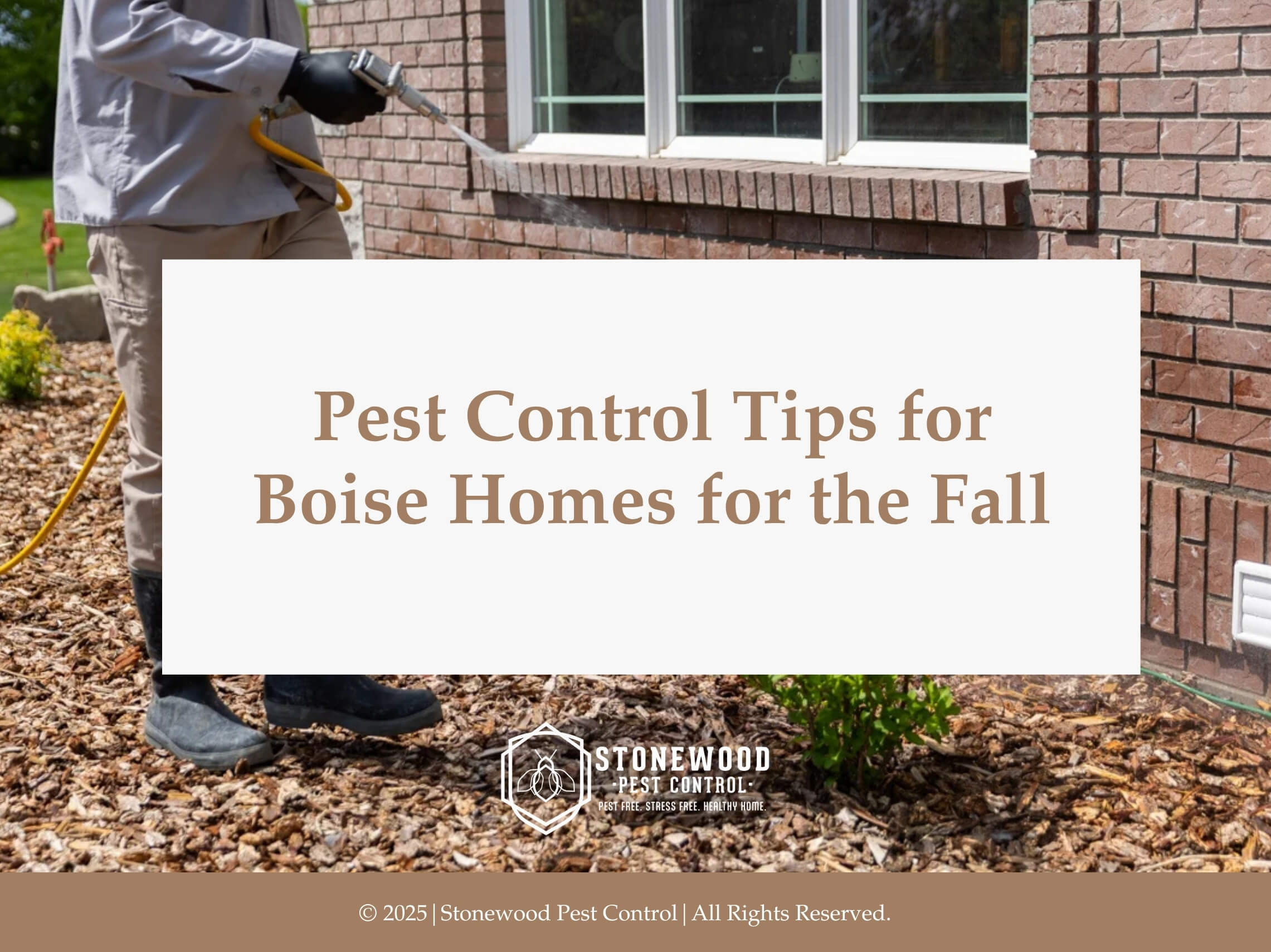 Pest control operator spraying pesticide along home exterior. Pest control tips for boise homes.