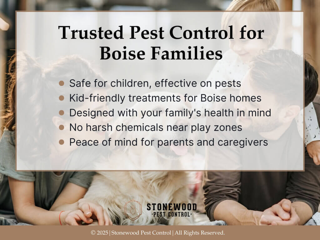 A family and their dog inside their cozy home. Five benefits of pest control for Boise families.