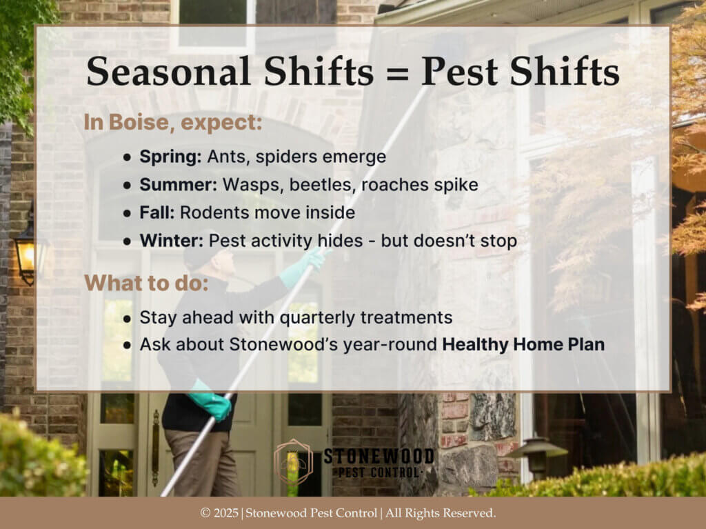 Pest control technician using a long sprayer to treat the exterior of a house.