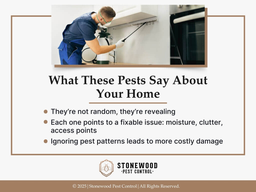 Pest control technician wearing a mask spraying treatment under a kitchen cabinet