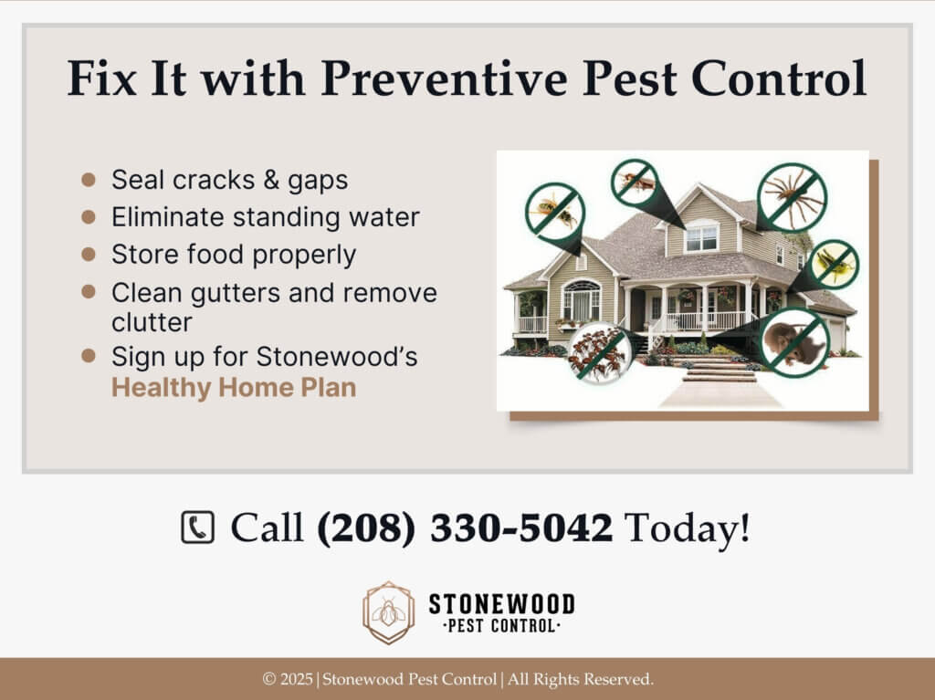 House with circular icons depicting how various pests enter a home. Five preventive pest control methods.