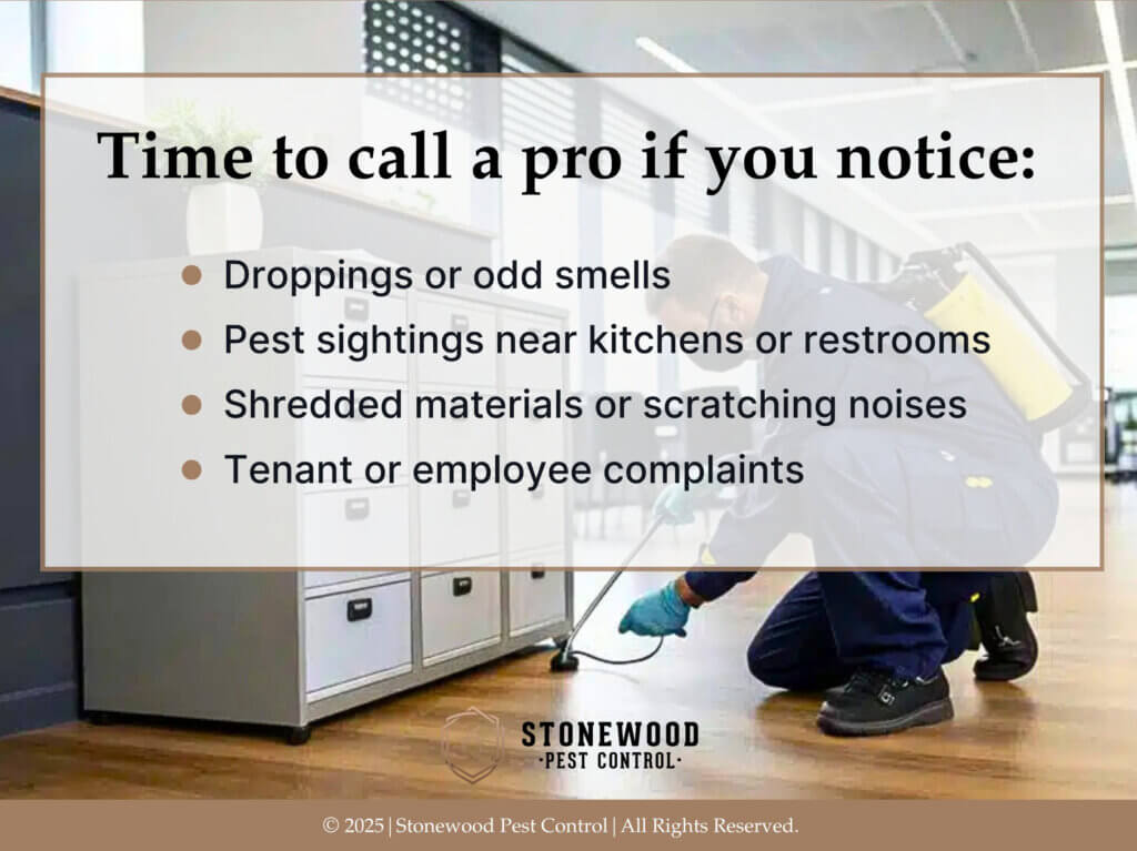 Four factors when to call for pest control for office buildings.