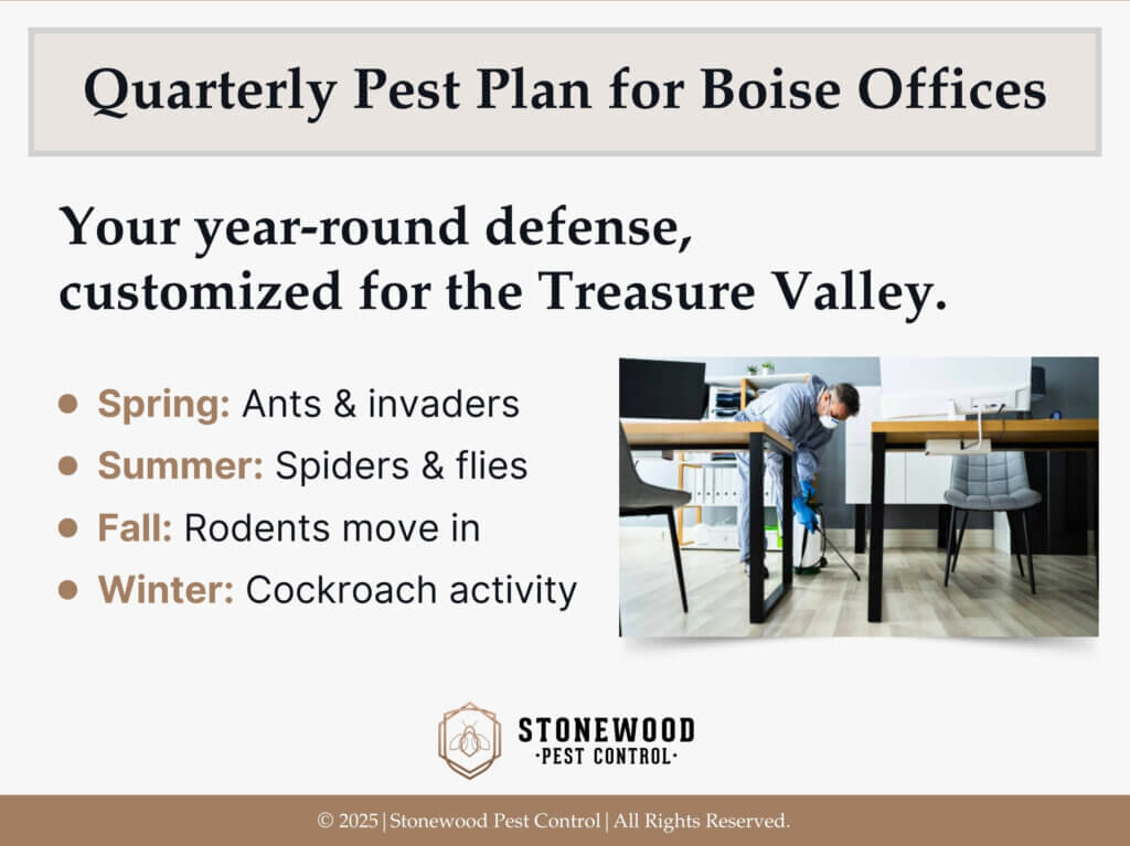 Pest control tech spraying under a lobby table.