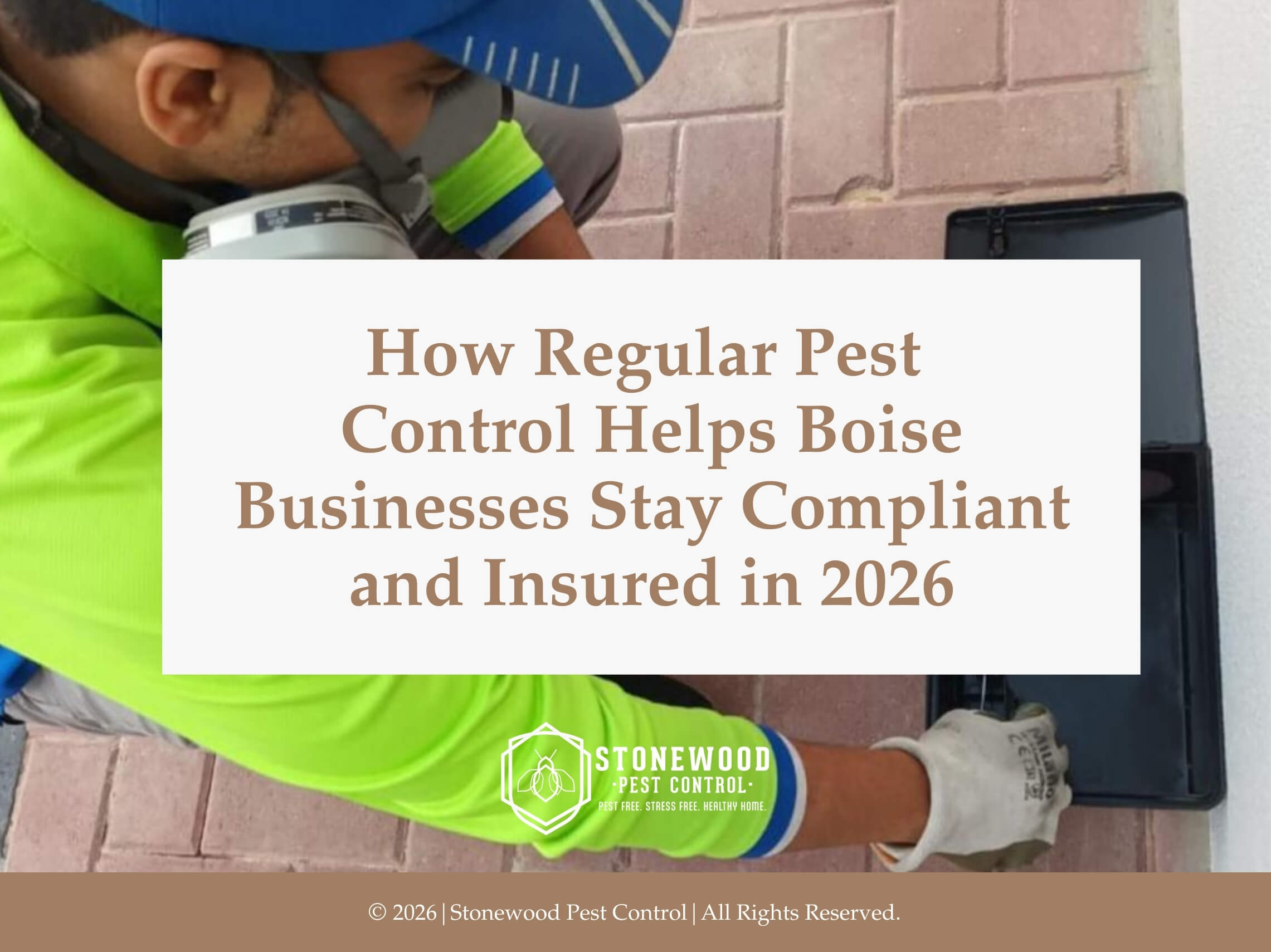 Pest control professional inspects a rat trap next to a wall.