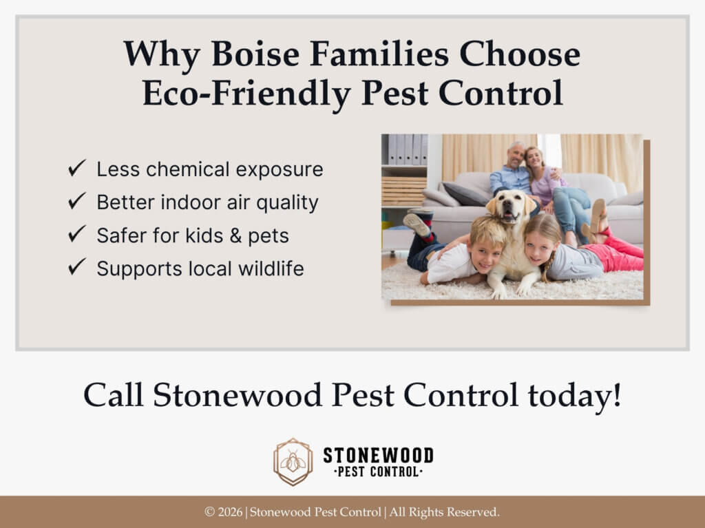 Happy family and dog in living room- four reasons boise families choose eco-friendly pest control.