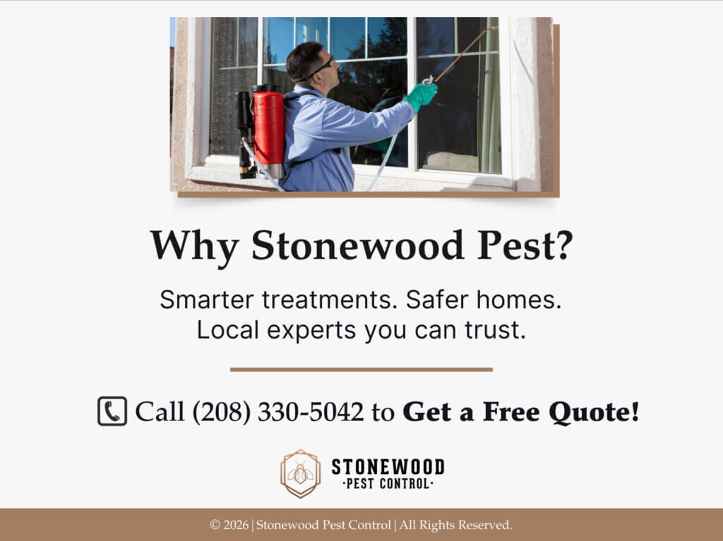 Pest control tech with backpack sprayer treats home exterior window- stonewood pest phone number - 208-330-5042.