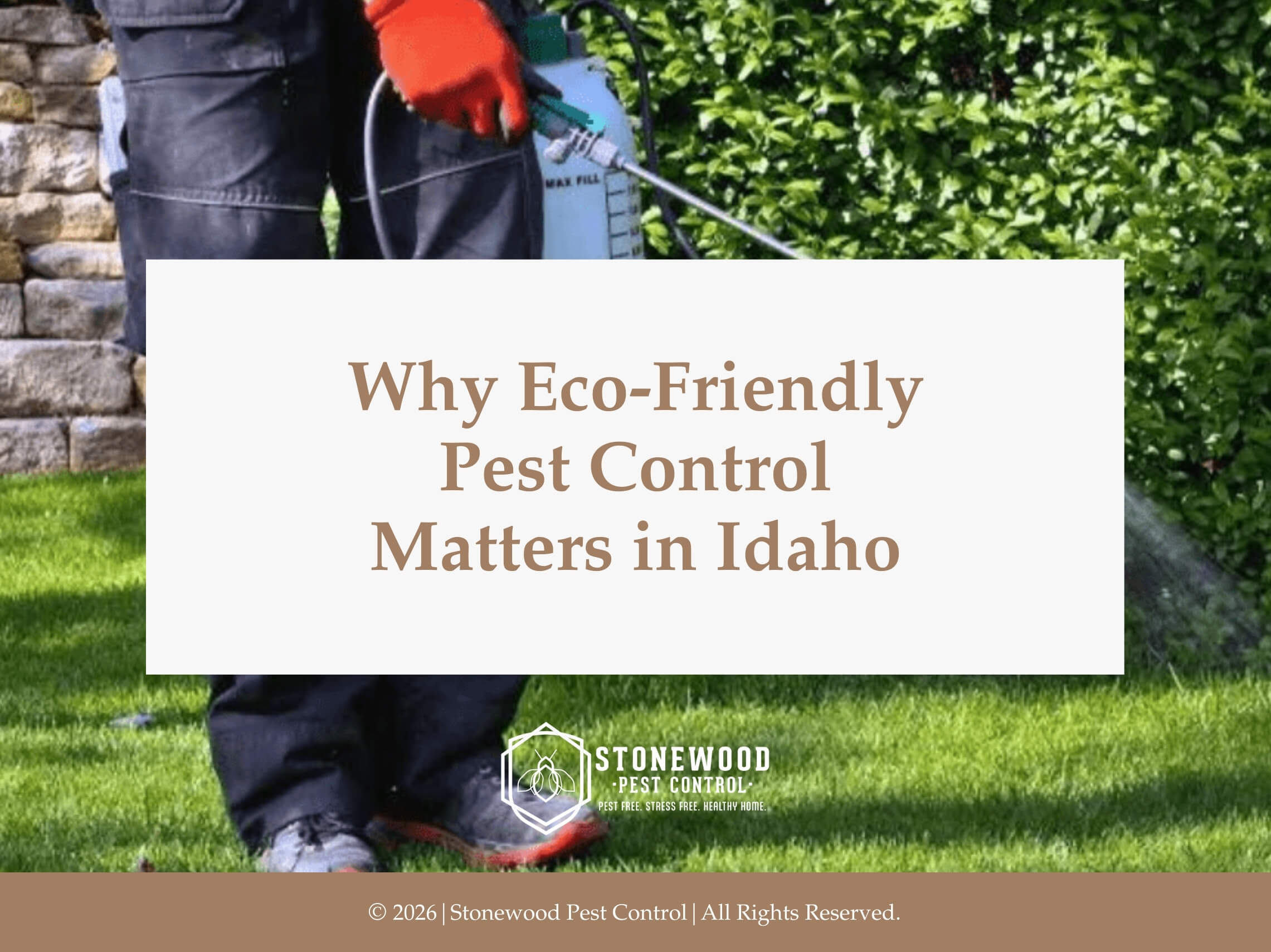 Pest control tech spraying along grassy yard- eco-friendly pest control matters in idaho.